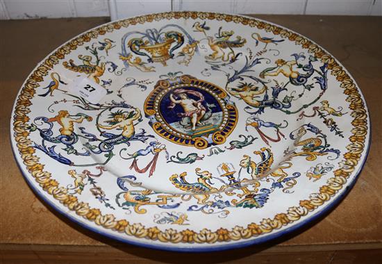 Gien faience wall charger, decorated classical motifs in blue and yellow, Dia 17.5in(-)